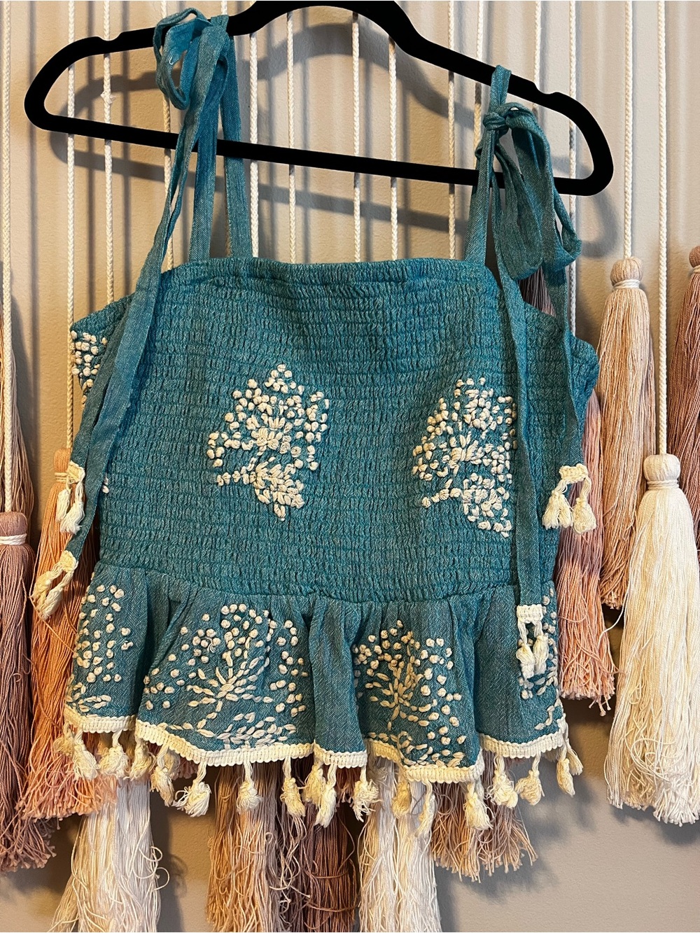 Teal Smocked Tassel Tank with White Embroidery